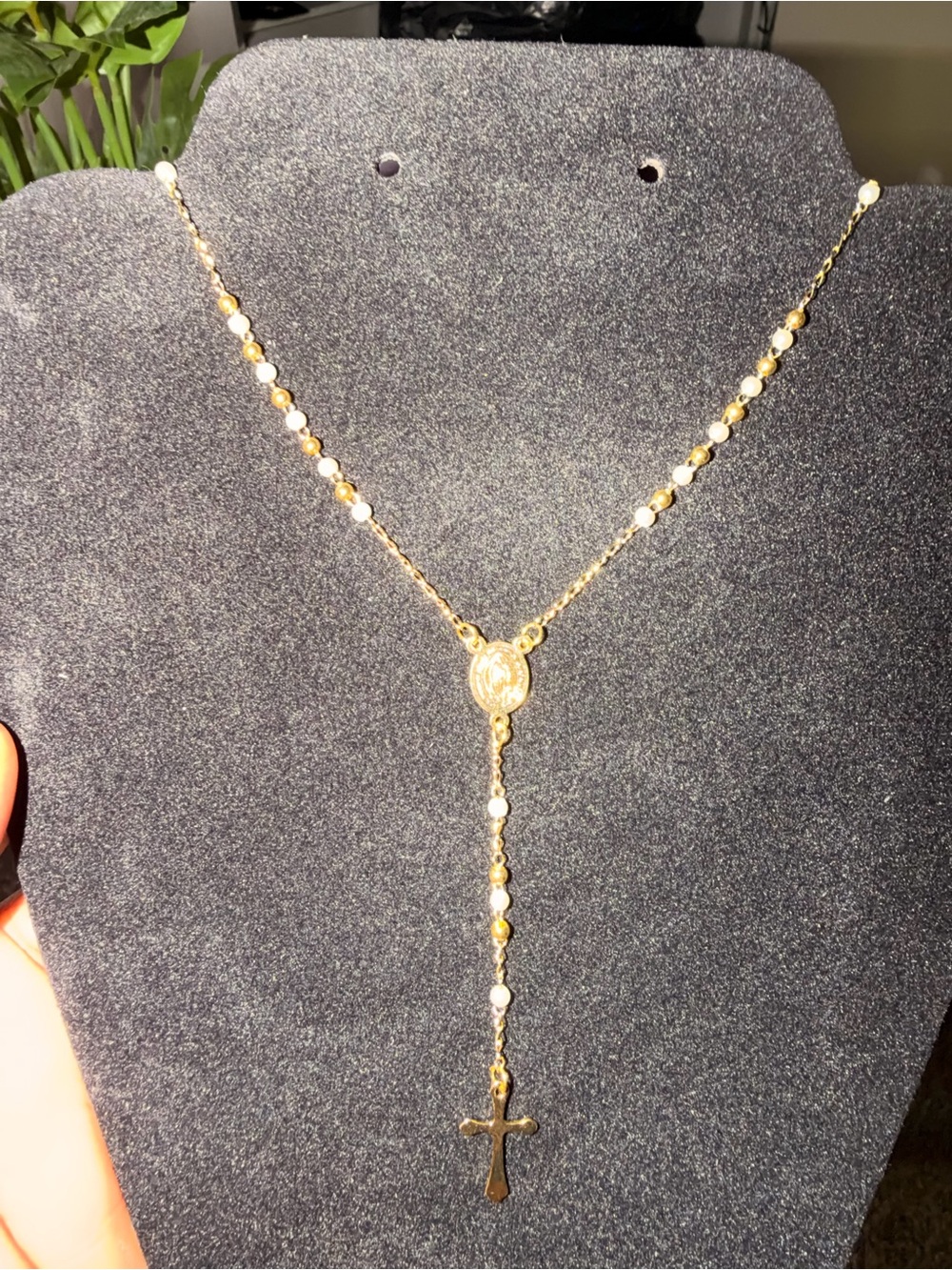 Gold and White Pearl Rosary Y-Necklace - Women's Spiritual Jewelry
